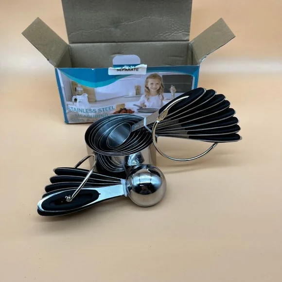 Set of 16 Stainless Steel Measuring Cups & Spoons Plastic Black Handle - Picture 2 of 7